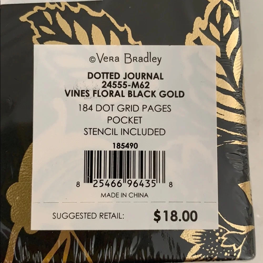 Vera Bradley Dotted Journal Vines Floral Black & Gold